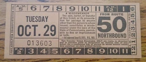 Vintage Philadelphia Transportation Company Transfer Ticket Route 50 Northbound - Picture 1 of 2
