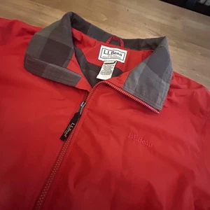 L.L.Bean Jacket Mens Extra Large Red Plaid Lined Nylon Full Zip Windbreaker - Picture 1 of 9