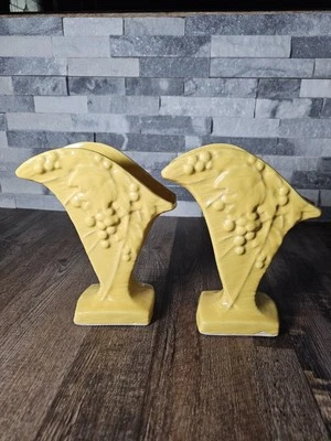 Set Of 2 Vintage Mccoy Pottery Grapevine Fan Vase Part Of The Rustic Line 1940s  - Image 1 of 4