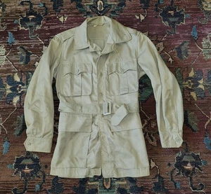 Vintage Tan Beige 50s USAF Safari Jacket Small 36 Belted Coat Tropical Worn - Picture 1 of 12