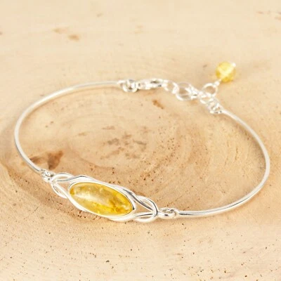 BRAZALETE NUDO CELTA AJUSTABLE PLATA ESTERLINA ÁMBAR BÁLTICO LIMÓN Foto 1 de 4
