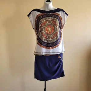 Monica Bellucci Blue Multicolor Mini Dress Attached Skirt Stylish Medallion Sz38 - Picture 1 of 12