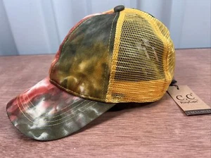 C.C exklusive gelb rot Distressed Batik Mütze überkreuzte Pferdeschwanz Kappe NEU - Bild 1 von 9