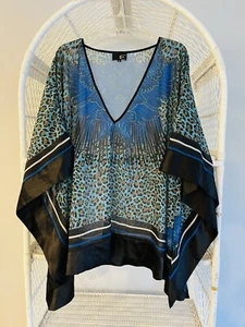 Just Cavalli Roberto Cavalli Leopard Animal Print Feather Silk Kaftan Blouse M - Picture 1 of 12