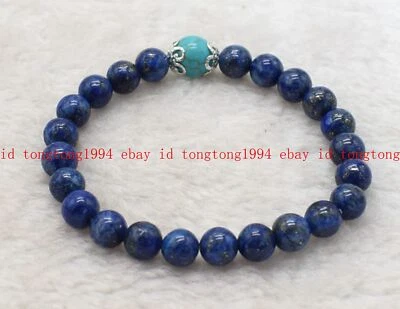 Echt 8mm Natürlich Blau Lapis Lazuli & 10mm Türkis Rund Edelsteine Armband 19cm - Bild 1 von 4