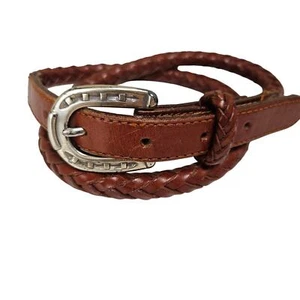 Vintage 90s Braided Rope Leather Horseshoe Buckle 30 XS S Brown Western - Picture 1 of 9