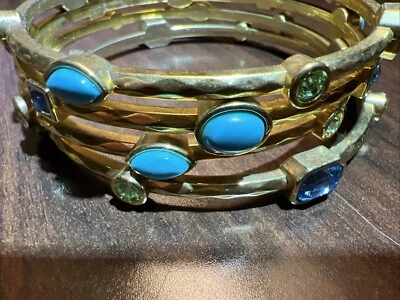 Graziano Bangle Bracelet Set Gold Tone Blue/Clear/White/green Crystals/Cabochons - Image 1 of 4