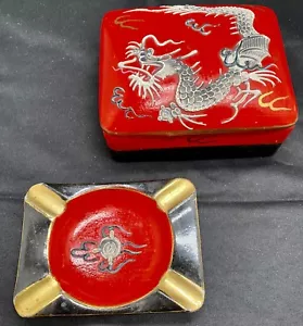 JUEGO DE COLECCIÓN DE CENICERO Y CAJA DE BARATIJAS DE PORCELANA ""REY"" ESTILO DRAGÓN c1950 v/bueno - Imagen 1 de 8
