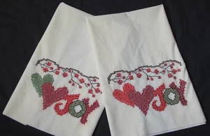 Finished Completed Cross Stitch Towels HEARTS-JOY-CHRISTMAS cream colored - Picture 1 of 5