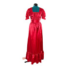 Vintage Handmade Womens Maxi Dress Red Pleated Satin Square Neck Sash Prairie