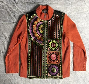 Bob Mackie Black Orange Floral Medallion Embroidered Leather Knit Jacket Size M - Picture 1 of 6