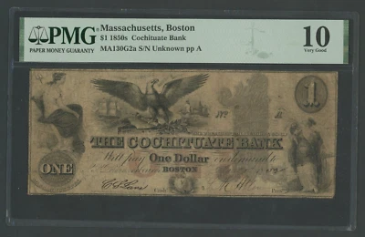 🔴 USA   1 Dollars  1850s  VG  Boston  Cochituate Bank  MA130G2a  PMG 10🔴 - Image 1 of 2