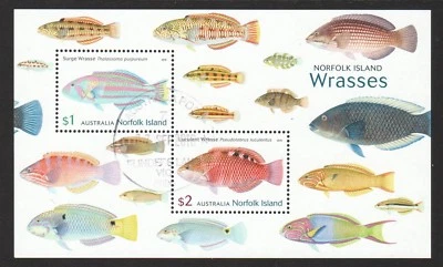 AUSTRALIA NORFOLK ISLAND 2018 WRASSES MARINE FISH SOUVENIR SHEET 2 STAMPS USED - Image 1 of 4