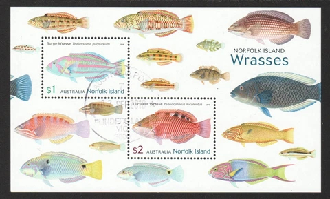 AUSTRALIA NORFOLK ISLAND 2018 WRASSES MARINE FISH SOUVENIR SHEET 2 STAMPS USED Cover