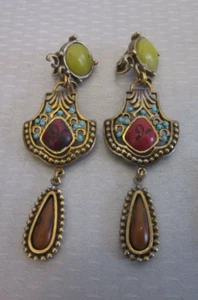Vintage Brass Enamel Clip on Earrings Boho Tribal Turquoise Long Dangly Drop 3" - Picture 1 of 6