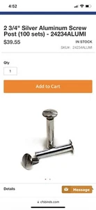 100 postes de tornillo de aluminio de 2 3/4" / tornillos de unión / tornillos Chicago / postes de carpeta - Imagen 1 de 6