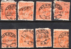KGV 2d Orange Western Australia & OS Perfin - c. 1920 PERTH WA CDS x 8 - Picture 1 of 1