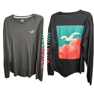 Hollister ~ California Men’s Black Long Sleeve Cotton T-Shirt Sz Large Colorful - Picture 1 of 3