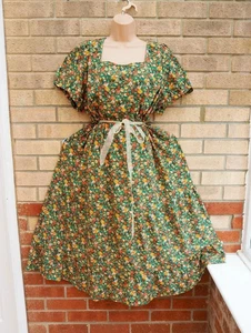 Mika green yellow vtg floral short sleeve square neck skater midi dress 22 24 - Picture 1 of 9