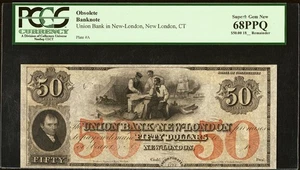 New London, CT - Union Bank in N.L. 50 $ 18__ G236a - PCGS Superb Gem New 68PPQ - Bild 1 von 2