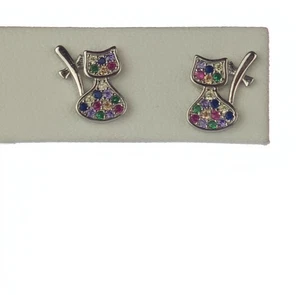 Massive 925 Sterling Silber zierliche funkelnde bunte Pave Set Katze Ohrstecker - Bild 1 von 5