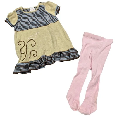 Conjunto de vestido e meia-calça Hanna Andersson bebê menina bege listra azul pássaro 70 6-12 - Imagem 1 de 4