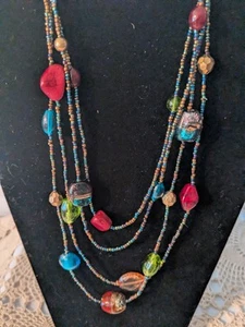 Copper Blue Seed Beads multicolor stones Layered Necklace 16" to 20"  - Picture 1 of 4