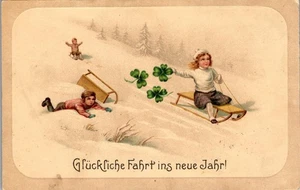 Vintage German New Year Postcard Children Sledding Toboggan Clover 10 Heller  - Picture 1 of 3