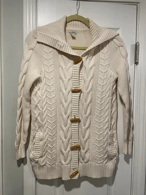 L.L. Cardigã suéter colarinho algodão botão alternador malha cabo creme feijão tamanho S - Imagem 1 de 4