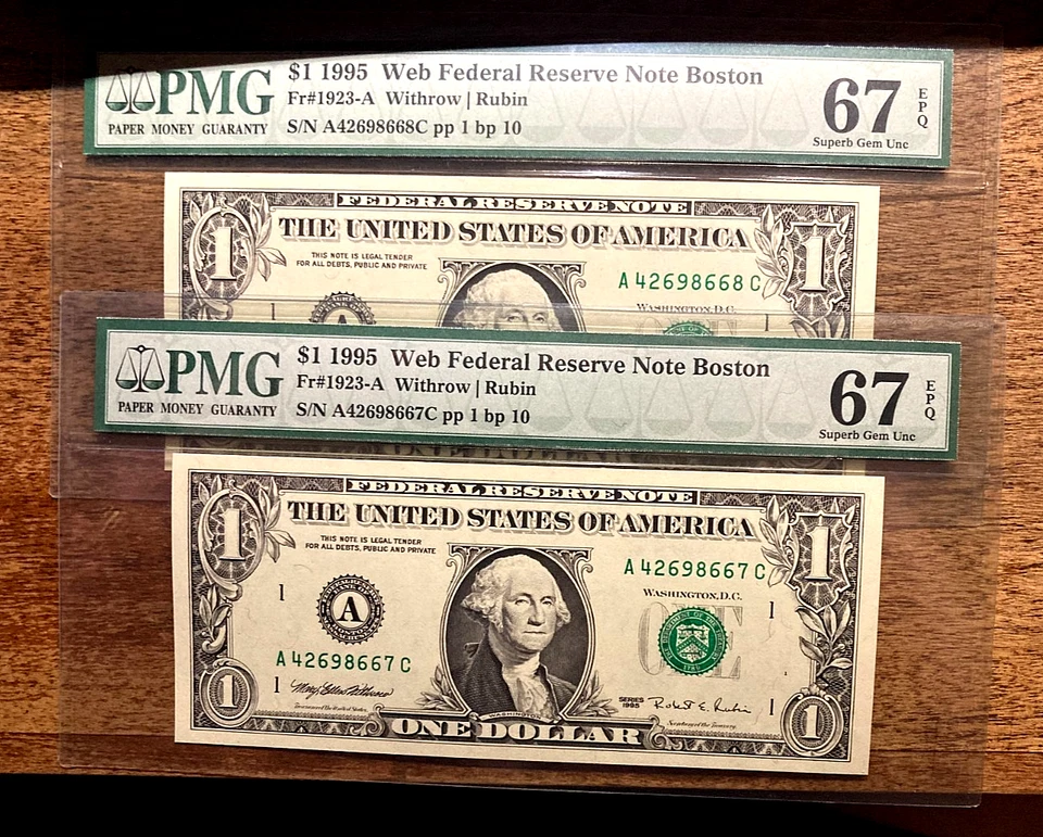 1995 $1 Federal Reserve Web Notes PMG 67 EPQ SUPERB GEM (4) SEQUINTIAL Notes!!! - Image 1 of 3