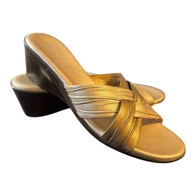 Итальянские сапожники женские сандалии 8 золото металлический кожаный на танкетке крест-накрест Y2K - Изображение 1 из 4