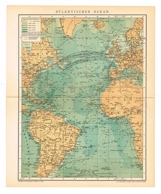 MAPA DE COLECCIÓN 1897 Fecha OCÉANO ATLÁNTICO Cables telegráficos transatlánticos Profundidad del océano Foto 1 de 4