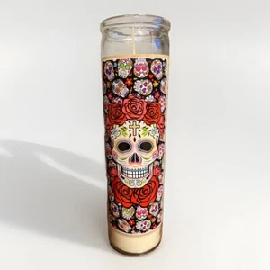 Day of The Dead Sugar Skulls Red Roses 8in Unscented White Devotional Candle - Picture 1 of 2