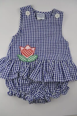 Vintage Samara Romper Baby Girl size 3-6 Months Blue and White Gingham  - Image 1 of 4