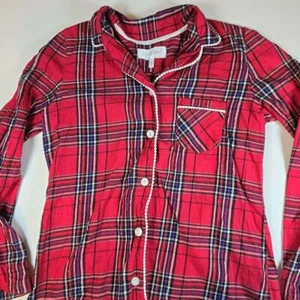 VS Victorias Secret Pajama PJ Top S Small Long Flannel Red Black Glitter Plaid - Bild 1 von 14