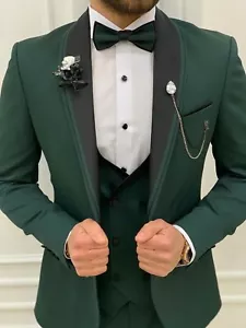 Herren grün Hochzeitsanzug 3 Stück schmale Passform Anzug elegant Abend Party Mantel Hose - Bild 1 von 10
