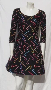 DEREK HEART US M Black Candy Canes Stretch Fit & Flare Dress XMAS Christmas EUC - Picture 1 of 6