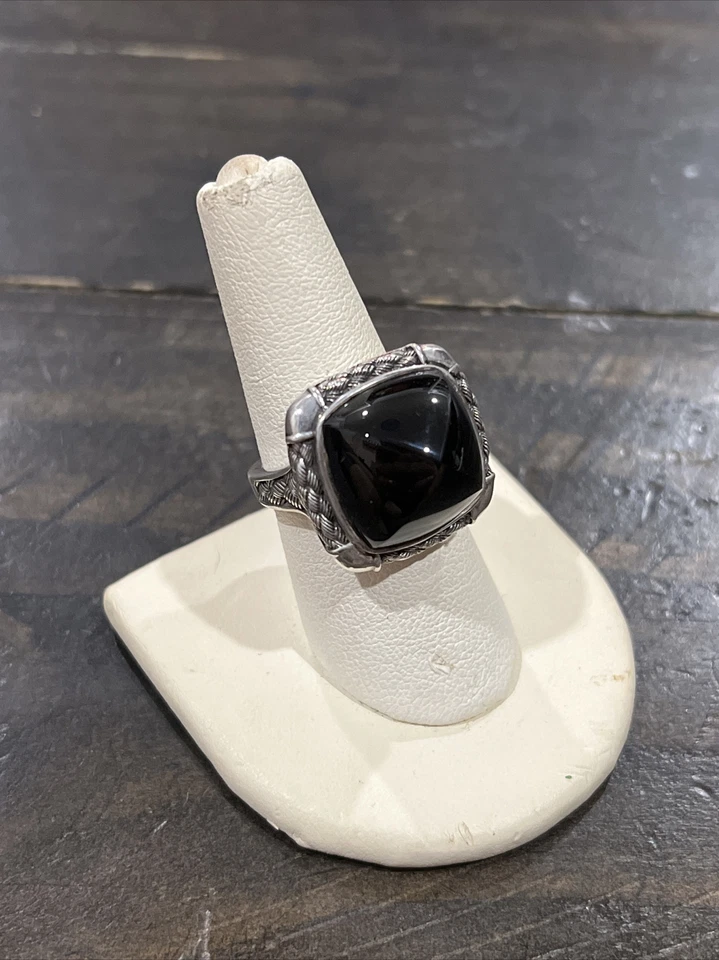 De colección~Anillo de ónix negro con cúpula de plata esterlina para damas~Talla 7~12,3 g~Patrón de trigo~ Foto 1 de 4
