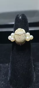 Antique Ancient Egyptian Faience Scarab & Pearls Ring 14K Gold Estate - Picture 1 of 6