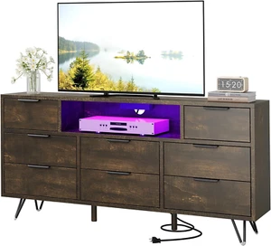 Wood Dresser TV Stand, 8 Drawer Dresser with Power Outlet & LED Light, Modern Wo - Picture 1 of 9
