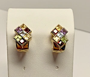 Pendientes de oro amarillo de 14K piedras preciosas multicolores granate topacio azul citrino - Imagen 1 de 5