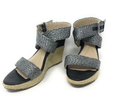 Andrew Geller Grey Black Woven Espadrille Wedge Strappy Sandals Womens 10 - Image 1 of 4