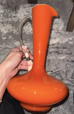 "Jarra de vidrio artístico con estuche naranja Empoli italiana moderna de mediados de siglo ~ 14"" Murano" Foto 1 de 4