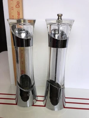 Pair of OLDE THOMPSON Salt & Pepper Mill /Grinder Set Lucite Acrylic Chrome 10” - Image 1 of 4