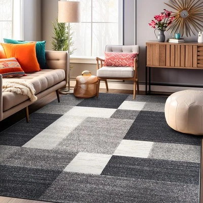 Rugshop Gray Rug Boxes Design Non Slip Living Room Rugs Bedroom Rug Area Carpets - Image 1 of 2