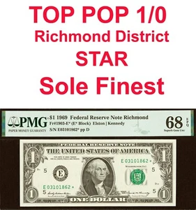 1969 $1 Federal Reserve Note PMG 68EPQ top pop 1/0 Richmond star Fr 1903-E* - Picture 1 of 4