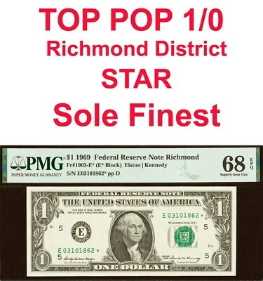 1969 $1 Federal Reserve Note PMG 68EPQ top pop 1/0 Richmond star Fr 1903-E* - Image 1 of 4
