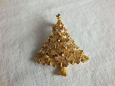 Christmas Brooch Pin Gold Tone Textured Tree Red Clear Blue Rhinestones WOW