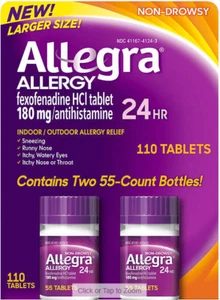 Allegra 180mg Antihistamine 110 Tablets Allergy Non-Drowsy, EXP 06/2026 - Picture 1 of 2
