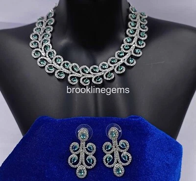 Silver Plated Ethnic AD CZ Bridal Blue Topaz Gems Jewelry Earrings Necklace NK - Imagem 1 de 4